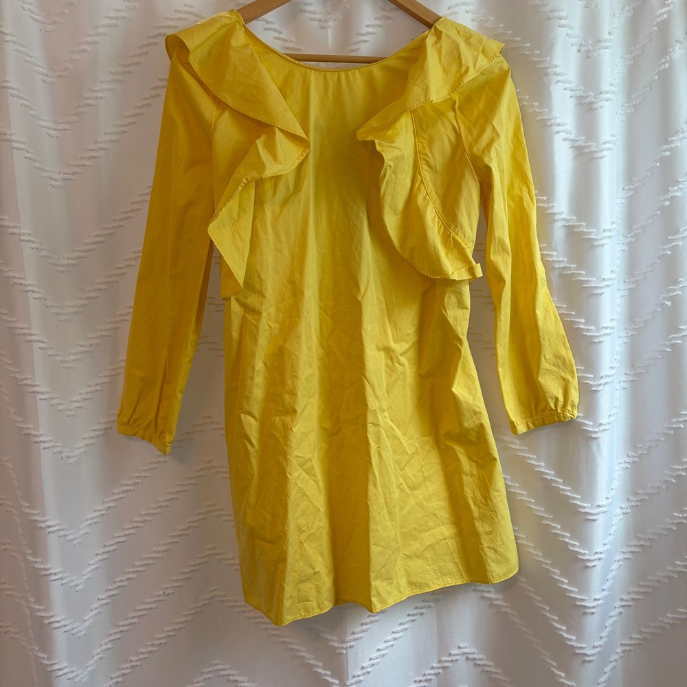 Zara Trafaluc Yellow Cotton‎ Ruffle V-Back Mini Dress with Black Tie Size S
